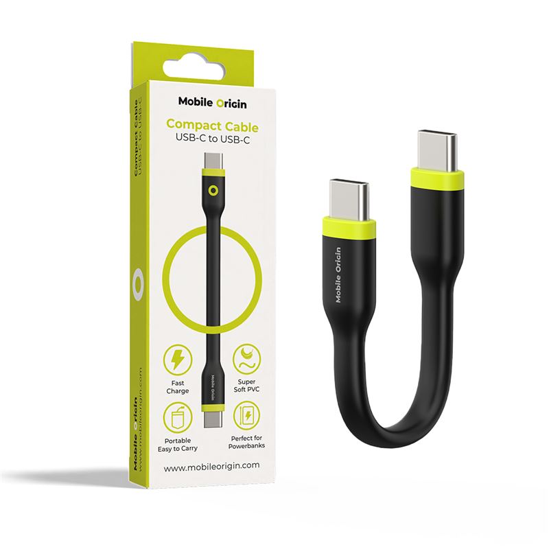 Cablu pentru incarcare si transfer de date Mobile Origin Compact, 2x USB-C, 60W, 10 cm, Negru